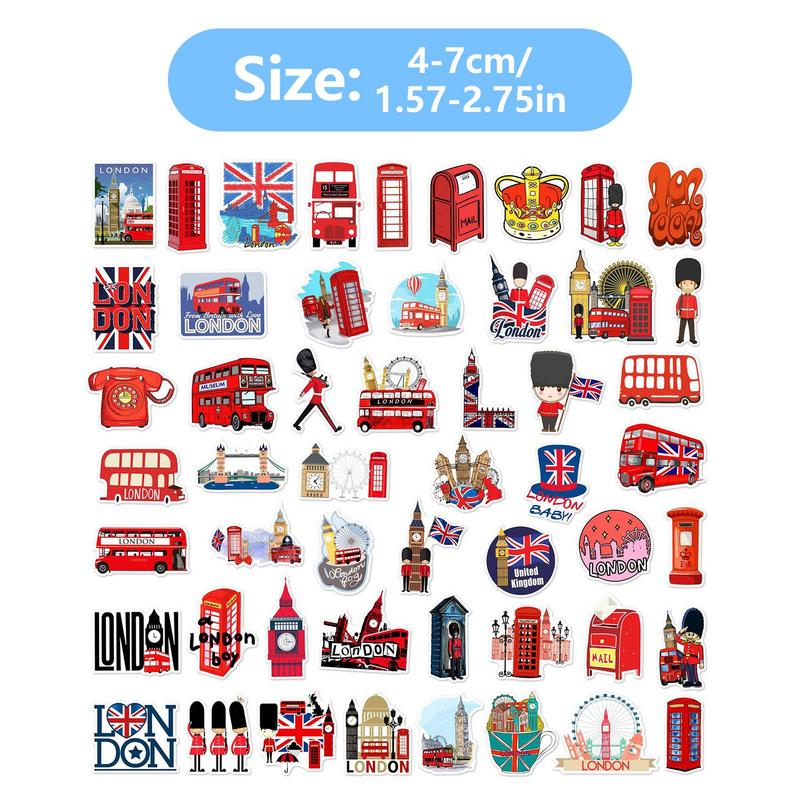 50pcs London Red Buses Stickers British Flag Stickers Water Cup Luggage Window Skateboards Pocketbook Decoration Stickers